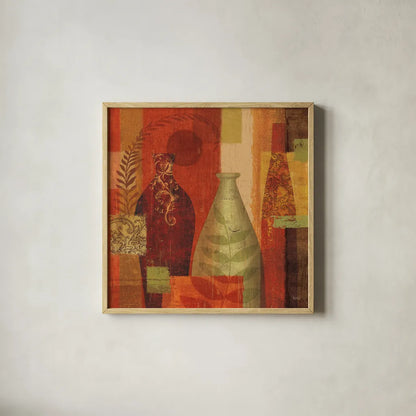 Mosaic Vases II by Veronique Charron. Shown in a natural wood glass frame for a timeless modern aesthetic. Available as an archival giclee rolled canvas, fine art paper, or poster print. SKU 6441a.