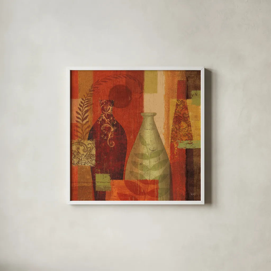 Mosaic Vases II by Veronique Charron. Shown in a crisp white glass frame for a clean and minimalist style. Available as an archival giclee rolled canvas, fine art paper, or poster print. SKU 6441a.