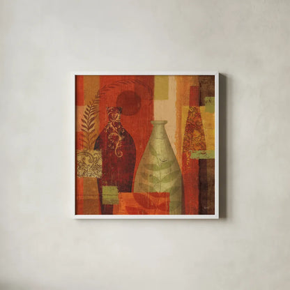 Mosaic Vases II by Veronique Charron. Shown in a crisp white glass frame for a clean and minimalist style. Available as an archival giclee rolled canvas, fine art paper, or poster print. SKU 6441a.