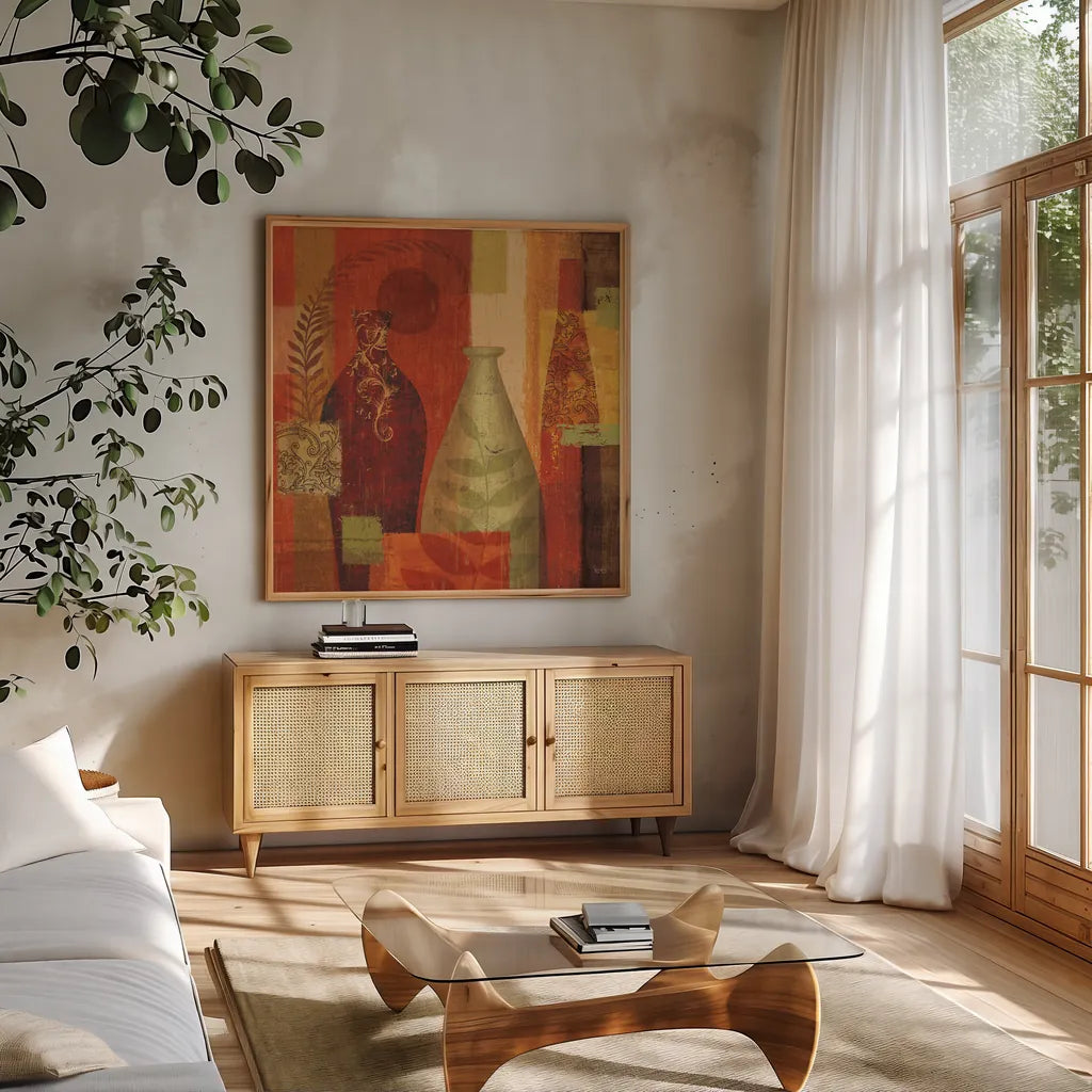 Mosaic Vases II by Veronique Charron. Shown in a natural wood frame in a cozy modern living room. Available as an archival giclee rolled canvas, fine art paper, or poster print. SKU 6441a.