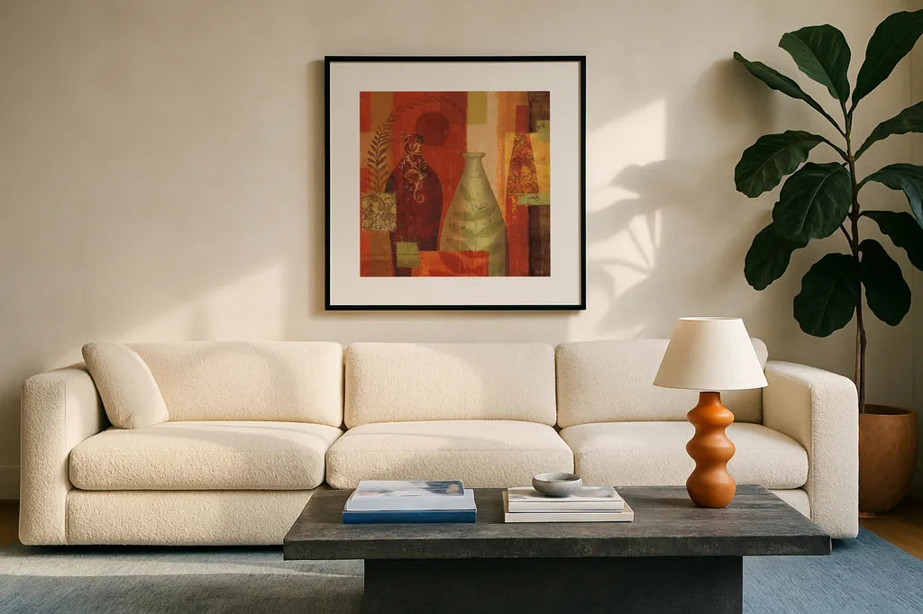 Mosaic Vases II by Veronique Charron. Displayed in a glass frame with matte in a clean modern living room. Available as an archival giclee rolled canvas, fine art paper, or poster print. SKU 6441a.