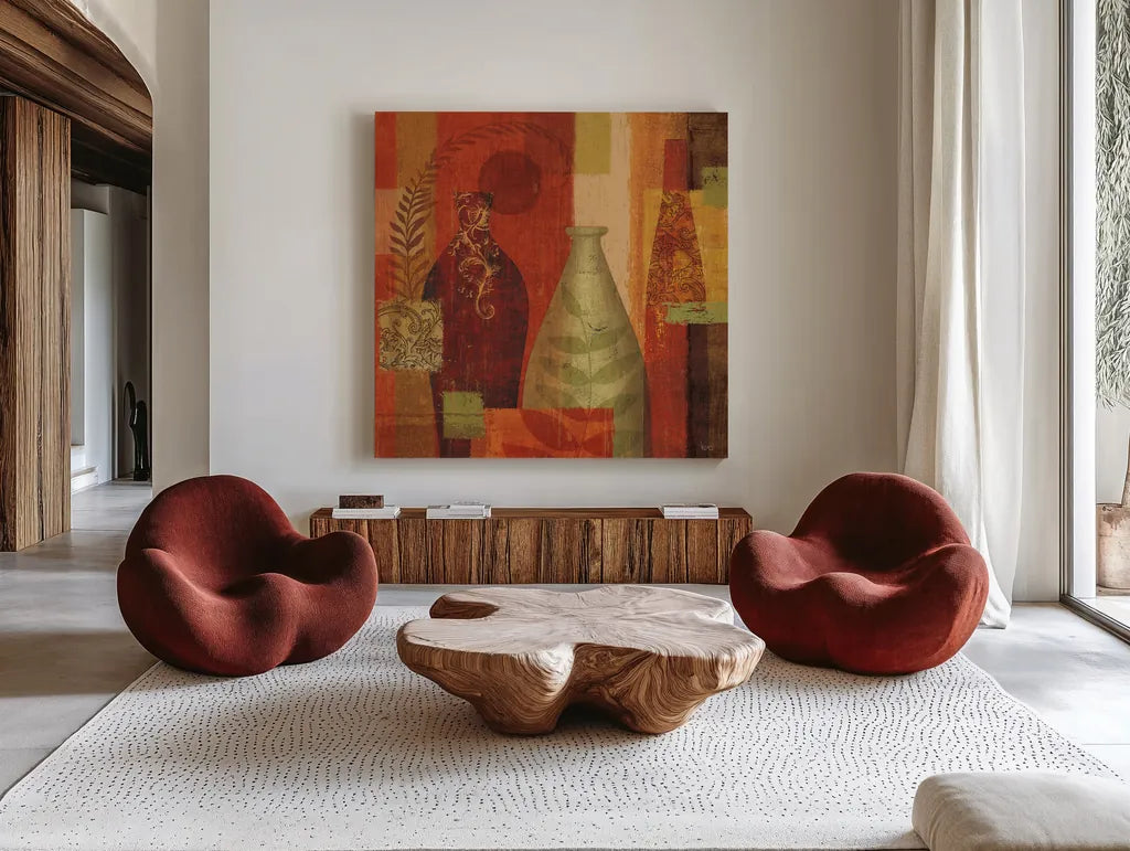 Mosaic Vases II by Veronique Charron. Shown as extra-large giant wall art in a modern living room. Available as an archival giclee rolled canvas, fine art paper, or poster print. SKU 6441a.