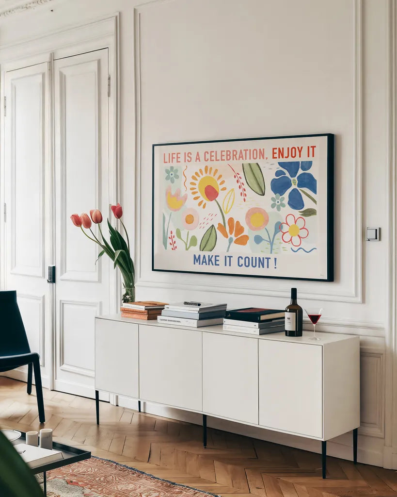 Museum Posters I by Veronique Charron. shown as a framed stretched canvas in a living room above a console. Available as a archival giclee rolled canvas, fine art paper, or poster print. SKU 86648i.