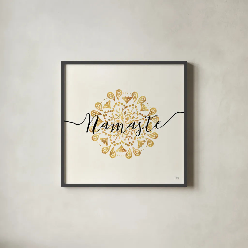 Namaste I by Veronique Charron. Shown in a sleek black glass frame for a contemporary gallery look. Available as an archival giclee rolled canvas, fine art paper, or poster print. SKU 29868a.