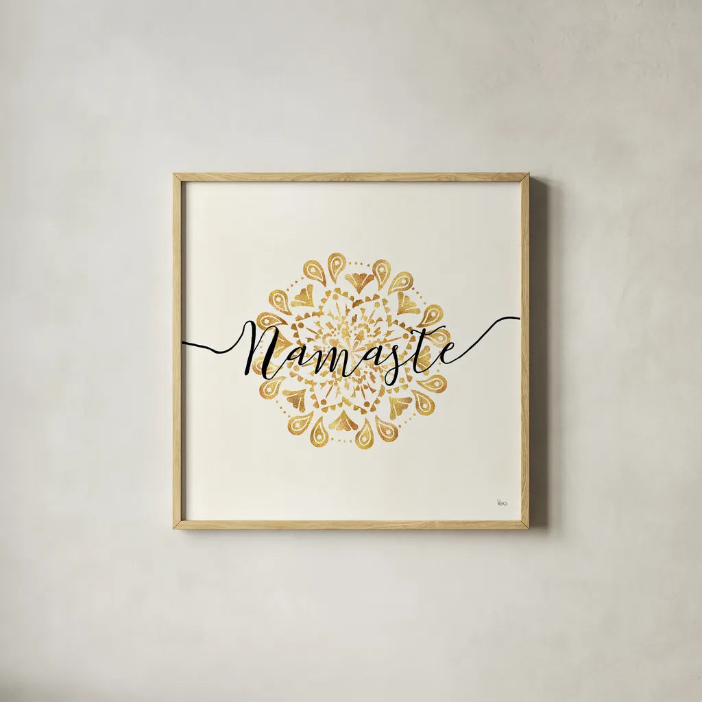 Namaste I by Veronique Charron. Shown in a natural wood glass frame for a timeless modern aesthetic. Available as an archival giclee rolled canvas, fine art paper, or poster print. SKU 29868a.