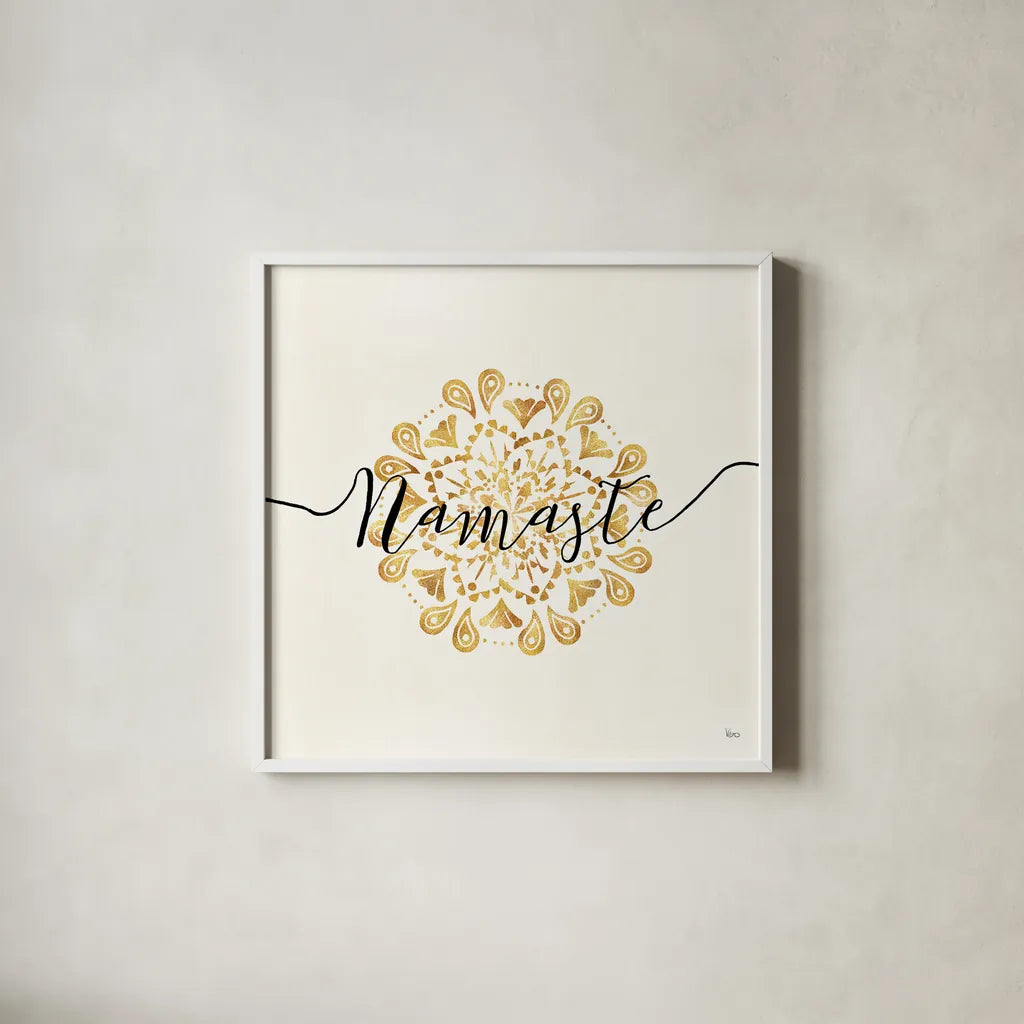 Namaste I by Veronique Charron. Shown in a crisp white glass frame for a clean and minimalist style. Available as an archival giclee rolled canvas, fine art paper, or poster print. SKU 29868a.