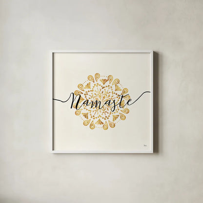 Namaste I by Veronique Charron. Shown in a crisp white glass frame for a clean and minimalist style. Available as an archival giclee rolled canvas, fine art paper, or poster print. SKU 29868a.