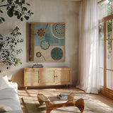 New Generation Blue II by Veronique Charron. Shown in a natural wood frame in a cozy modern living room. Available as an archival giclee rolled canvas, fine art paper, or poster print. SKU 3901a.