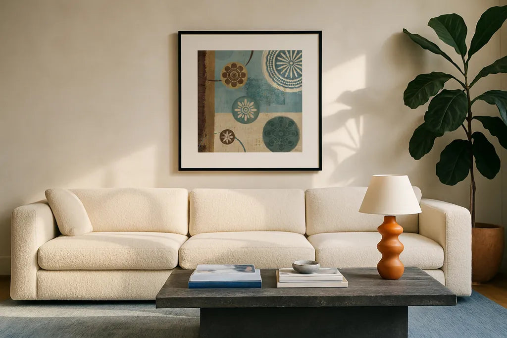 New Generation Blue II by Veronique Charron. Displayed in a glass frame with matte in a clean modern living room. Available as an archival giclee rolled canvas, fine art paper, or poster print. SKU 3901a.