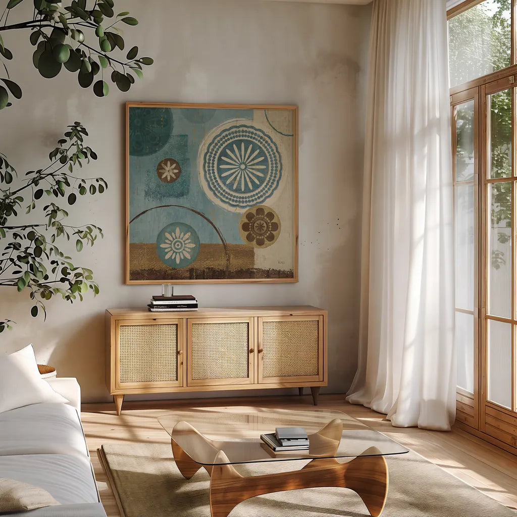 New Generation Blue III by Veronique Charron. Shown in a natural wood frame in a cozy modern living room. Available as an archival giclee rolled canvas, fine art paper, or poster print. SKU 3902a.