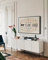 Otomi Cats I by Veronique Charron. shown as a framed stretched canvas in a living room above a console. Available as a archival giclee rolled canvas, fine art paper, or poster print. SKU 43835i.