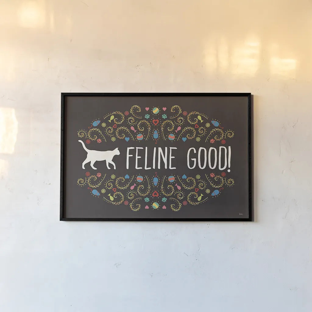 Otomi Cats I Dark by Veronique Charron. shown as a paper print in a black flame. Available as a archival giclee rolled canvas, fine art paper, or poster print. SKU 43841i.