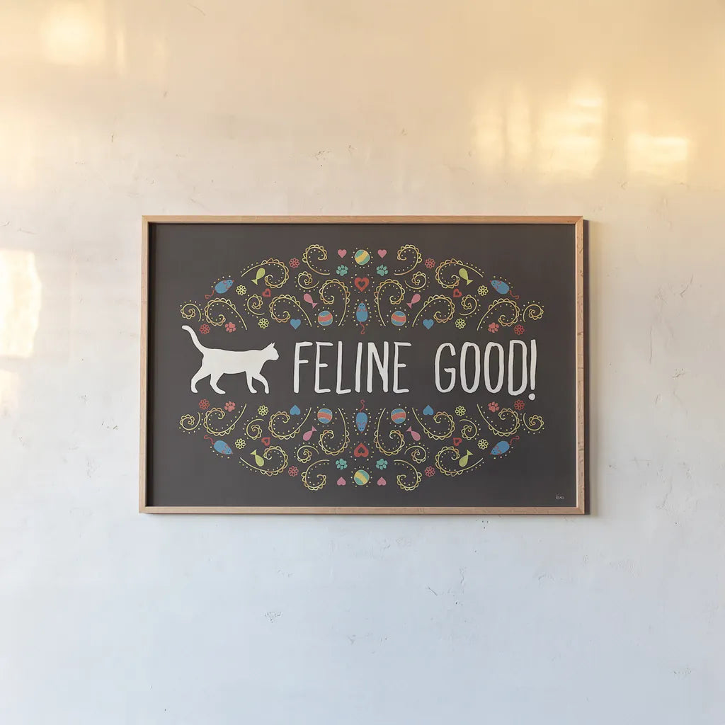 Otomi Cats I Dark by Veronique Charron. shown as a paper print in a natural frame. Available as a archival giclee rolled canvas, fine art paper, or poster print. SKU 43841i.