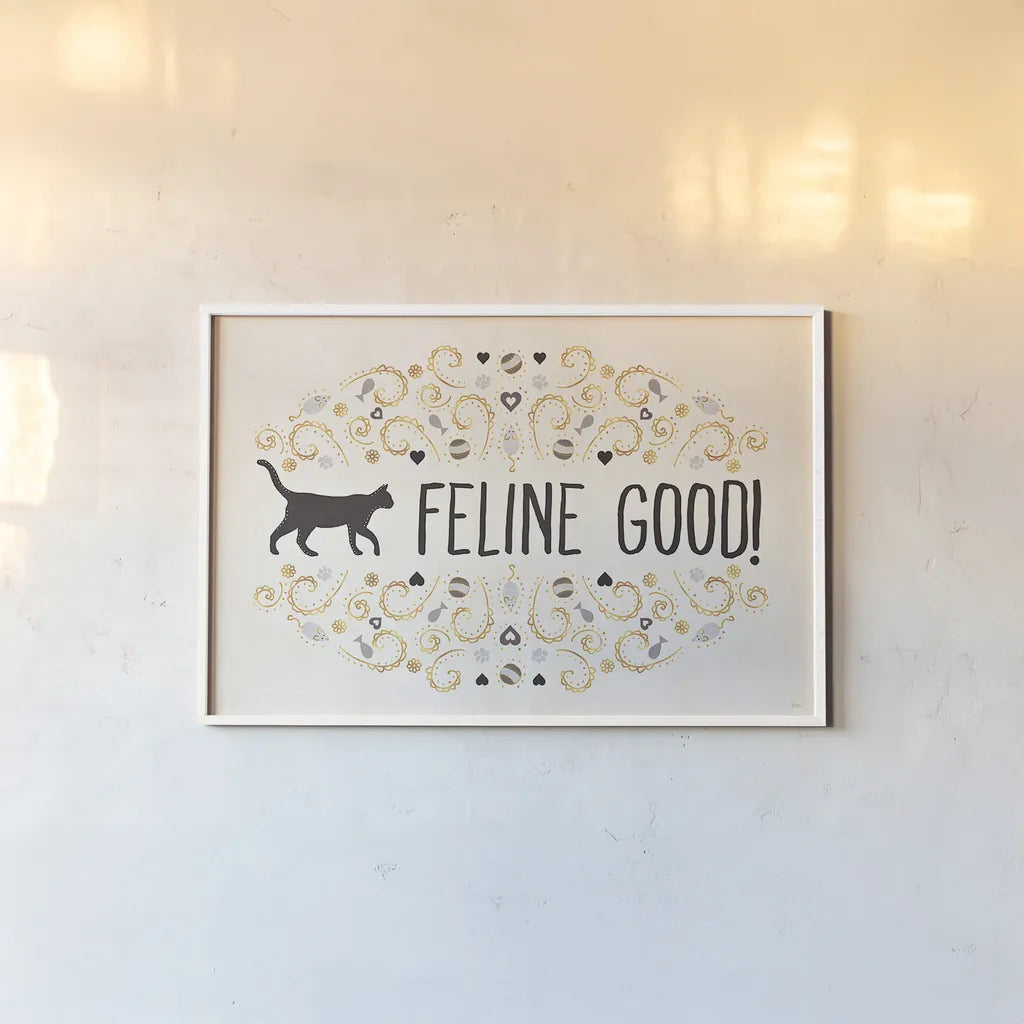 Otomi Cats I Neutral by Veronique Charron. shown as a paper print in a white frame. Available as a archival giclee rolled canvas, fine art paper, or poster print. SKU 43853i.