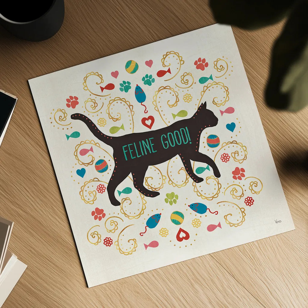 Otomi Cats II by Veronique Charron. Shown as a detailed flat fine art print, highlighting archival giclee quality. Available as an archival giclee rolled canvas, fine art paper, or poster print. SKU 43836a.