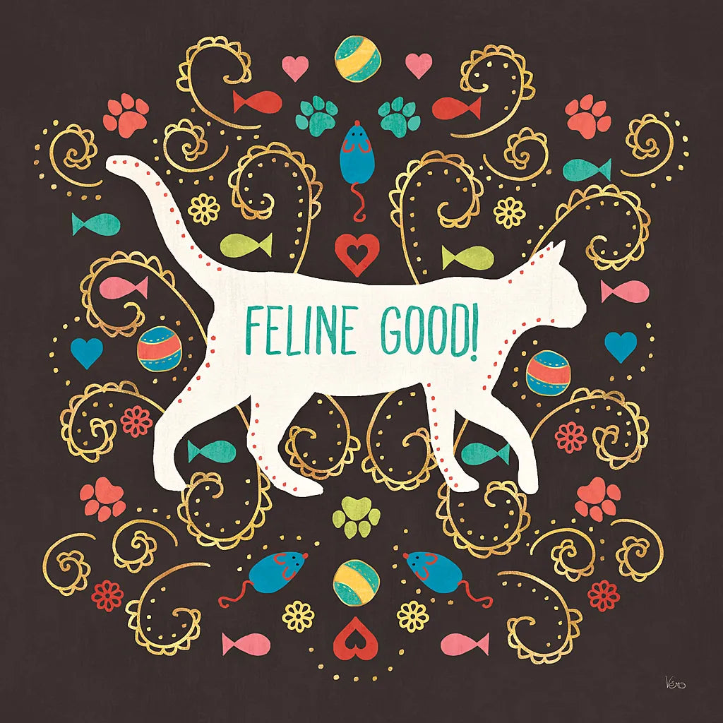 Otomi Cats II Dark by Veronique Charron. SKU 43842a. Archival Giclee Fine art print for wall decor.