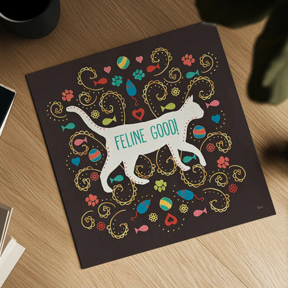 Otomi Cats II Dark by Veronique Charron. Shown as a detailed flat fine art print, highlighting archival giclee quality. Available as an archival giclee rolled canvas, fine art paper, or poster print. SKU 43842a.