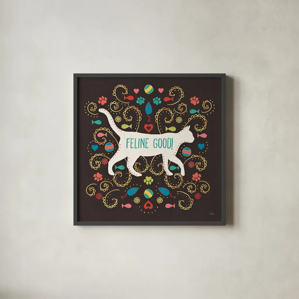 Otomi Cats II Dark by Veronique Charron. Shown in a sleek black glass frame for a contemporary gallery look. Available as an archival giclee rolled canvas, fine art paper, or poster print. SKU 43842a.