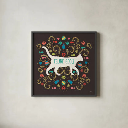 Otomi Cats II Dark by Veronique Charron. Shown in a sleek black glass frame for a contemporary gallery look. Available as an archival giclee rolled canvas, fine art paper, or poster print. SKU 43842a.