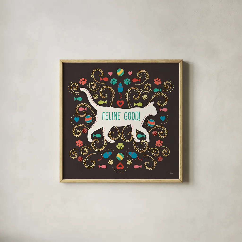 Otomi Cats II Dark by Veronique Charron. Shown in a natural wood glass frame for a timeless modern aesthetic. Available as an archival giclee rolled canvas, fine art paper, or poster print. SKU 43842a.