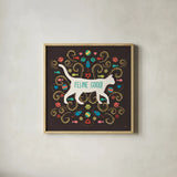 Otomi Cats II Dark by Veronique Charron. Shown in a natural wood glass frame for a timeless modern aesthetic. Available as an archival giclee rolled canvas, fine art paper, or poster print. SKU 43842a.