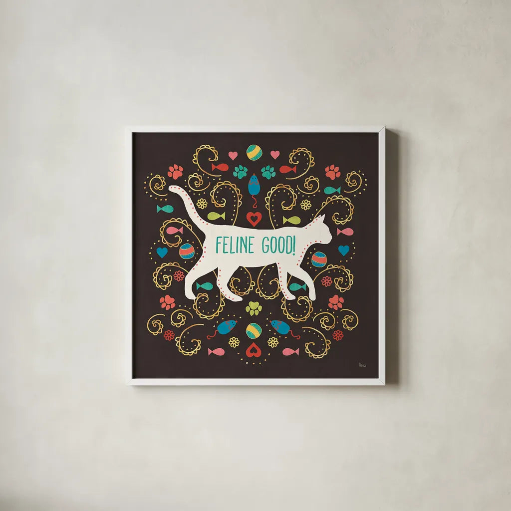 Otomi Cats II Dark by Veronique Charron. Shown in a crisp white glass frame for a clean and minimalist style. Available as an archival giclee rolled canvas, fine art paper, or poster print. SKU 43842a.