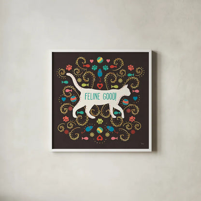 Otomi Cats II Dark by Veronique Charron. Shown in a crisp white glass frame for a clean and minimalist style. Available as an archival giclee rolled canvas, fine art paper, or poster print. SKU 43842a.