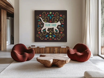 Otomi Cats II Dark by Veronique Charron. Shown as extra-large giant wall art in a modern living room. Available as an archival giclee rolled canvas, fine art paper, or poster print. SKU 43842a.
