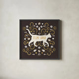 Otomi Cats II Dark Neutral by Veronique Charron. Shown in a sleek black glass frame for a contemporary gallery look. Available as an archival giclee rolled canvas, fine art paper, or poster print. SKU 43848a.