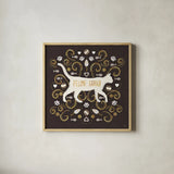 Otomi Cats II Dark Neutral by Veronique Charron. Shown in a natural wood glass frame for a timeless modern aesthetic. Available as an archival giclee rolled canvas, fine art paper, or poster print. SKU 43848a.