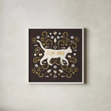 Otomi Cats II Dark Neutral by Veronique Charron. Shown in a crisp white glass frame for a clean and minimalist style. Available as an archival giclee rolled canvas, fine art paper, or poster print. SKU 43848a.