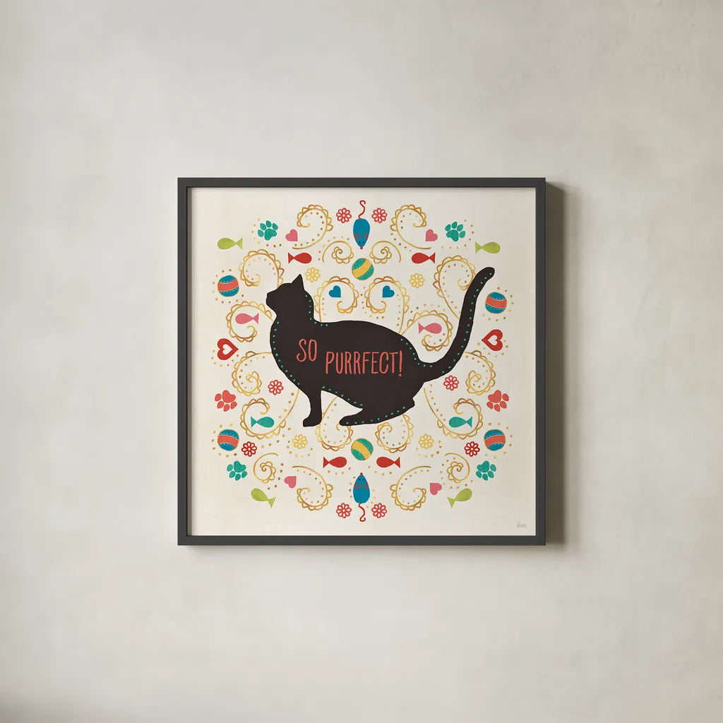 Otomi Cats III by Veronique Charron. Shown in a sleek black glass frame for a contemporary gallery look. Available as an archival giclee rolled canvas, fine art paper, or poster print. SKU 43837a.