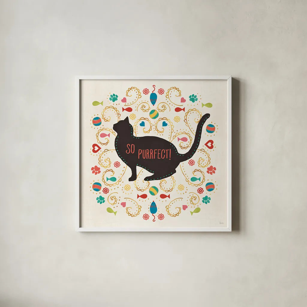 Otomi Cats III by Veronique Charron. Shown in a crisp white glass frame for a clean and minimalist style. Available as an archival giclee rolled canvas, fine art paper, or poster print. SKU 43837a.