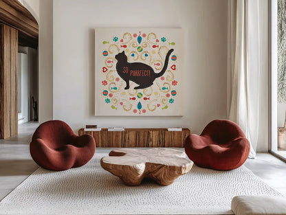 Otomi Cats III by Veronique Charron. Shown as extra-large giant wall art in a modern living room. Available as an archival giclee rolled canvas, fine art paper, or poster print. SKU 43837a.