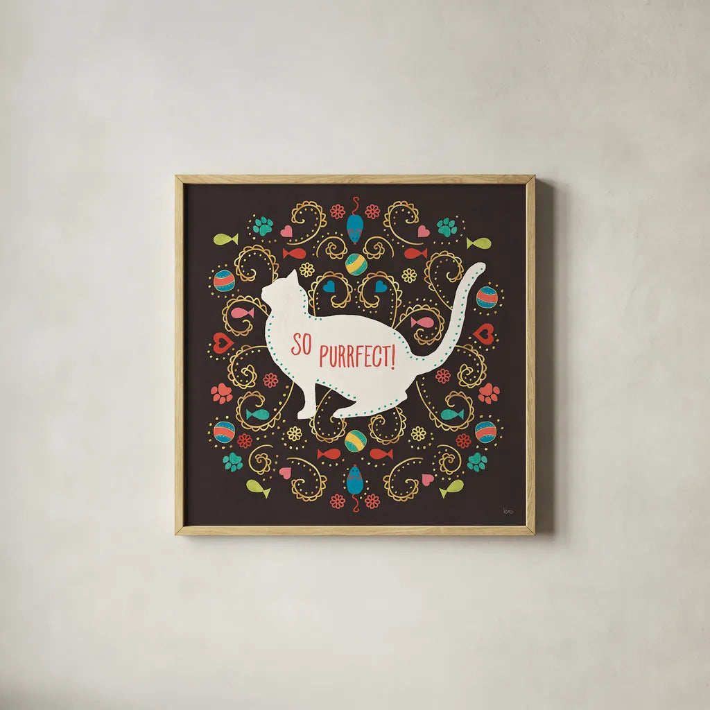 Otomi Cats III Dark by Veronique Charron. Shown in a natural wood glass frame for a timeless modern aesthetic. Available as an archival giclee rolled canvas, fine art paper, or poster print. SKU 43843a.