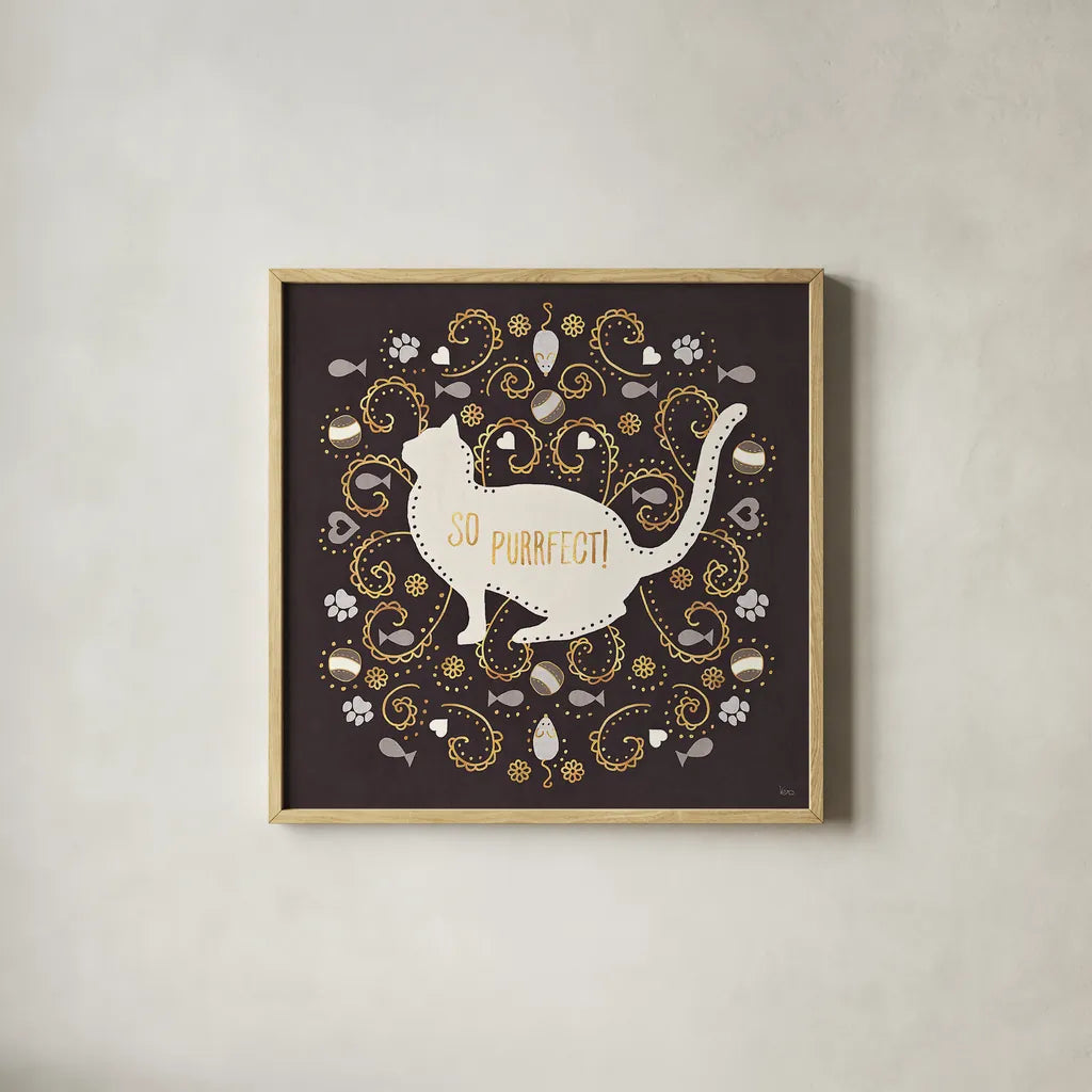 Otomi Cats III Dark Neutral by Veronique Charron. Shown in a natural wood glass frame for a timeless modern aesthetic. Available as an archival giclee rolled canvas, fine art paper, or poster print. SKU 43849a.