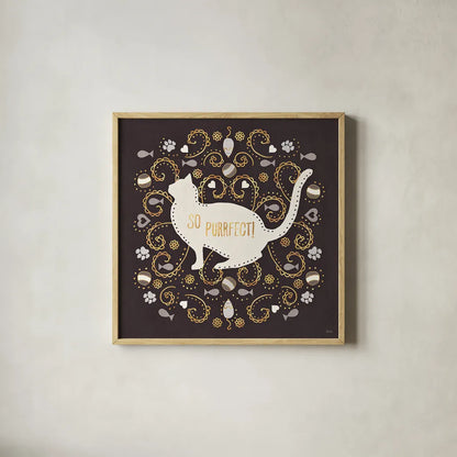 Otomi Cats III Dark Neutral by Veronique Charron. Shown in a natural wood glass frame for a timeless modern aesthetic. Available as an archival giclee rolled canvas, fine art paper, or poster print. SKU 43849a.