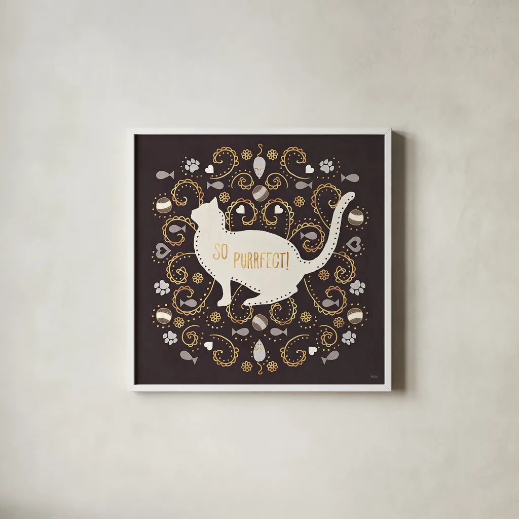 Otomi Cats III Dark Neutral by Veronique Charron. Shown in a crisp white glass frame for a clean and minimalist style. Available as an archival giclee rolled canvas, fine art paper, or poster print. SKU 43849a.