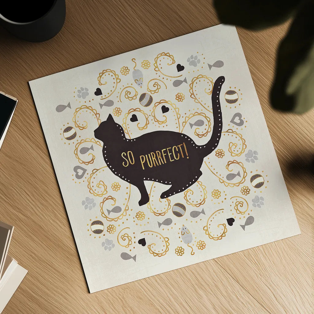 Otomi Cats III Neutral by Veronique Charron. Shown as a detailed flat fine art print, highlighting archival giclee quality. Available as an archival giclee rolled canvas, fine art paper, or poster print. SKU 43855a.