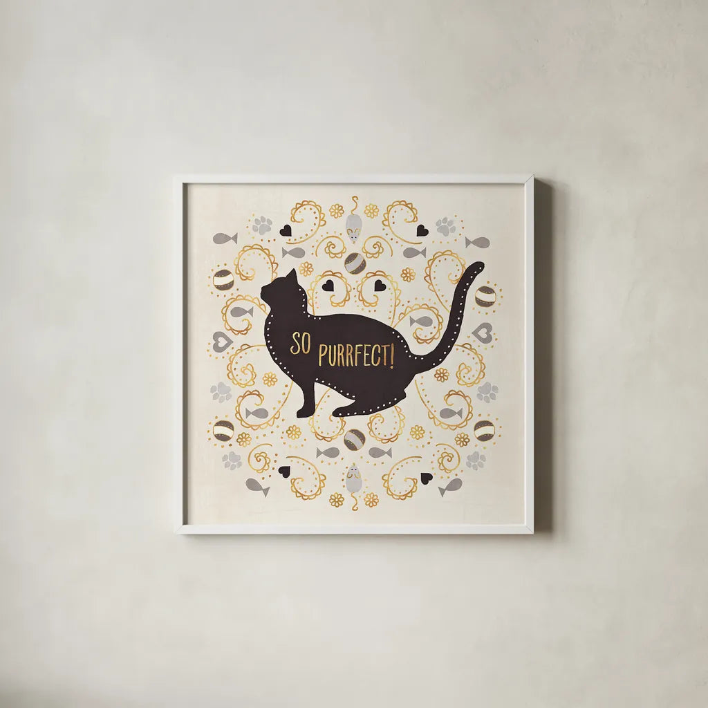 Otomi Cats III Neutral by Veronique Charron. Shown in a crisp white glass frame for a clean and minimalist style. Available as an archival giclee rolled canvas, fine art paper, or poster print. SKU 43855a.