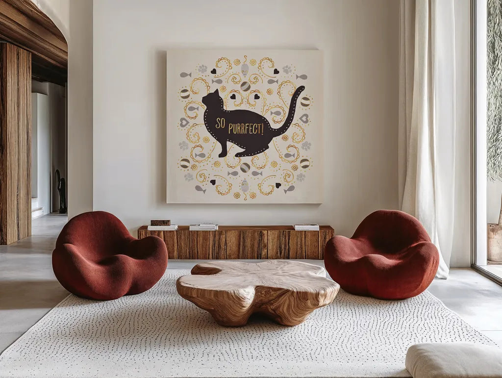 Otomi Cats III Neutral by Veronique Charron. Shown as extra-large giant wall art in a modern living room. Available as an archival giclee rolled canvas, fine art paper, or poster print. SKU 43855a.