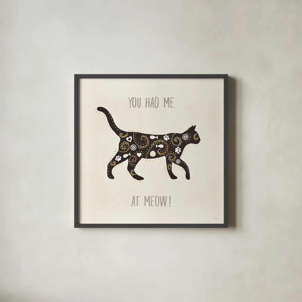 Otomi Cats IV Neutral by Veronique Charron. Shown in a sleek black glass frame for a contemporary gallery look. Available as an archival giclee rolled canvas, fine art paper, or poster print. SKU 43856a.