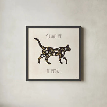 Otomi Cats IV Neutral by Veronique Charron. Shown in a sleek black glass frame for a contemporary gallery look. Available as an archival giclee rolled canvas, fine art paper, or poster print. SKU 43856a.