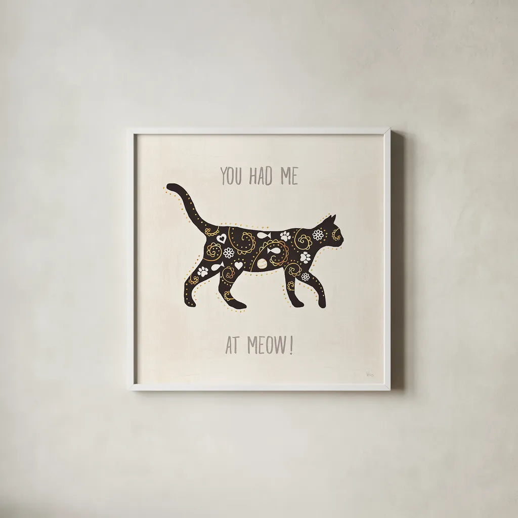 Otomi Cats IV Neutral by Veronique Charron. Shown in a crisp white glass frame for a clean and minimalist style. Available as an archival giclee rolled canvas, fine art paper, or poster print. SKU 43856a.