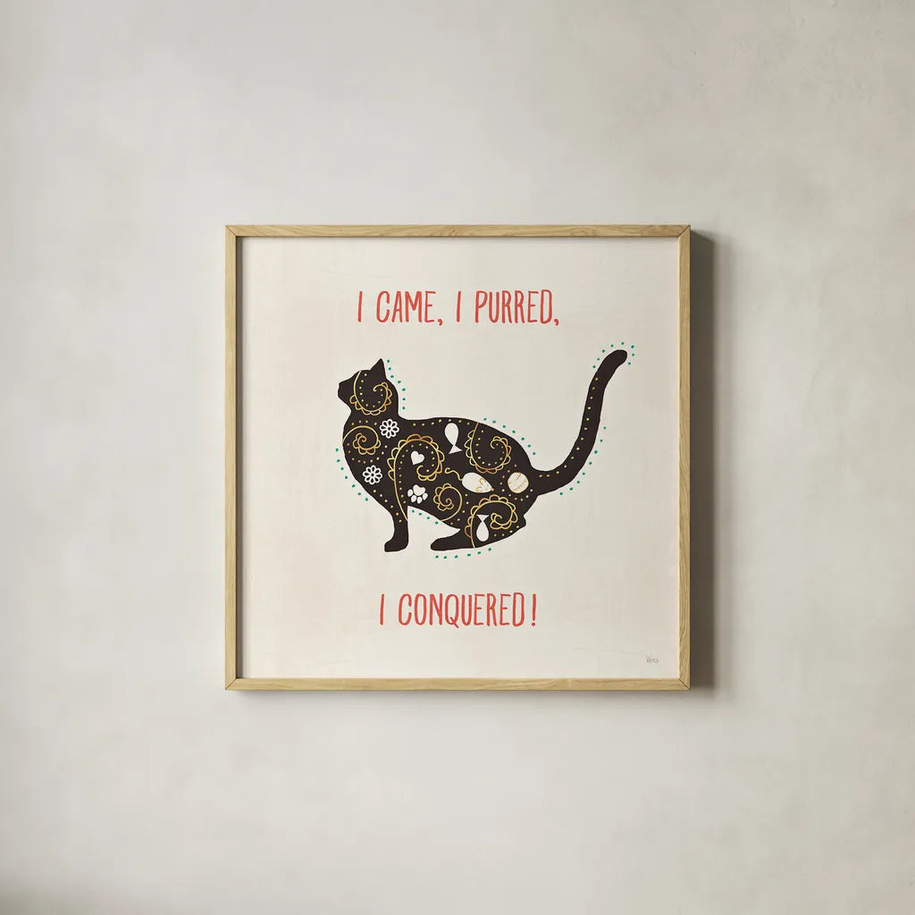 Otomi Cats V by Veronique Charron. Shown in a natural wood glass frame for a timeless modern aesthetic. Available as an archival giclee rolled canvas, fine art paper, or poster print. SKU 43839a.