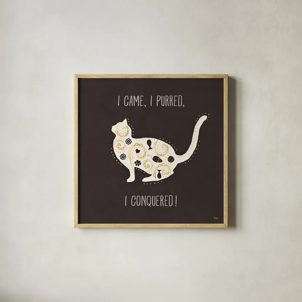 Otomi Cats V Dark Neutral by Veronique Charron. Shown in a natural wood glass frame for a timeless modern aesthetic. Available as an archival giclee rolled canvas, fine art paper, or poster print. SKU 43851a.