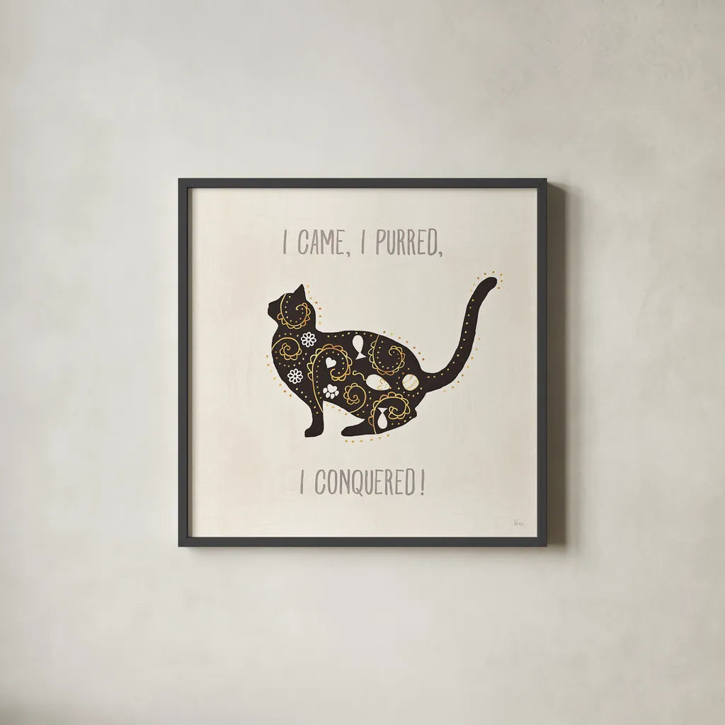 Otomi Cats V Neutral by Veronique Charron. Shown in a sleek black glass frame for a contemporary gallery look. Available as an archival giclee rolled canvas, fine art paper, or poster print. SKU 43857a.