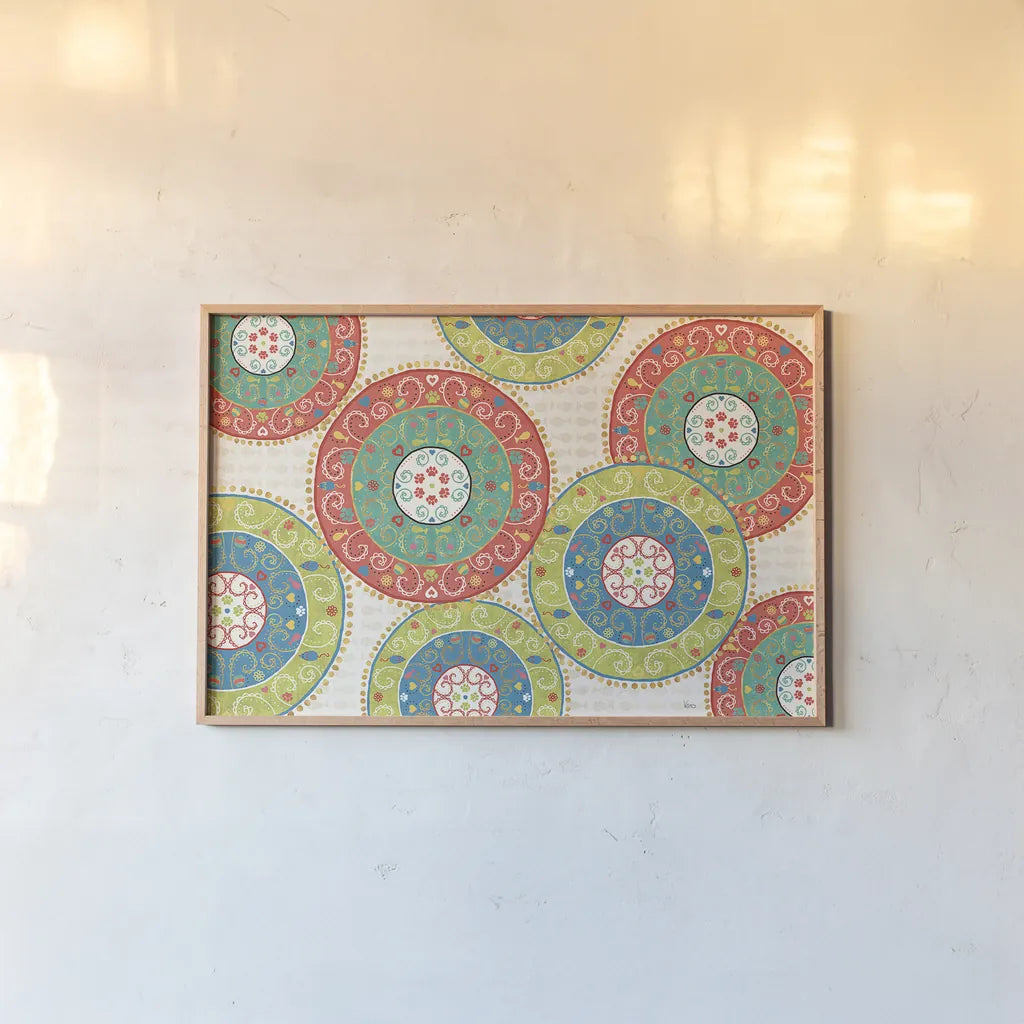 Otomi Cats VI by Veronique Charron. shown as a paper print in a natural frame. Available as a archival giclee rolled canvas, fine art paper, or poster print. SKU 43840i.