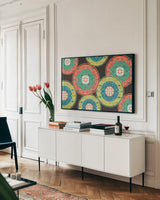 Otomi Cats VI Dark by Veronique Charron. shown as a framed stretched canvas in a living room above a console. Available as a archival giclee rolled canvas, fine art paper, or poster print. SKU 43846i.