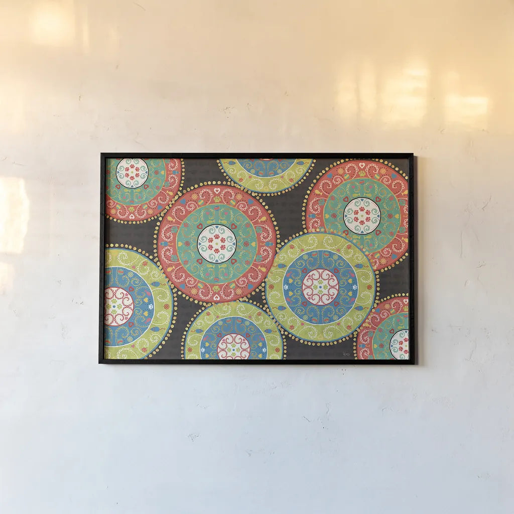 Otomi Cats VI Dark by Veronique Charron. shown as a paper print in a black flame. Available as a archival giclee rolled canvas, fine art paper, or poster print. SKU 43846i.